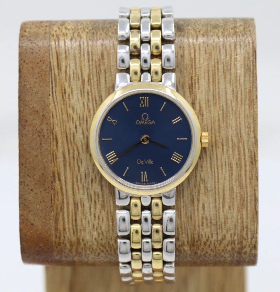 OMEGA DE VILLE TWO TONE 24MM BLUE DIAL QUARTZ WOMAN'S WATCH (1 of 1)