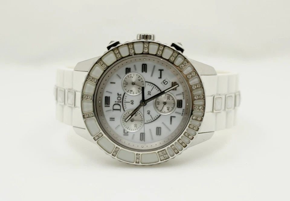 DIOR CHRISTAL WHITE CHRONO DIAL, 38MM DIAMOND BEZEL WATCH CD114311 (1 of 1)
