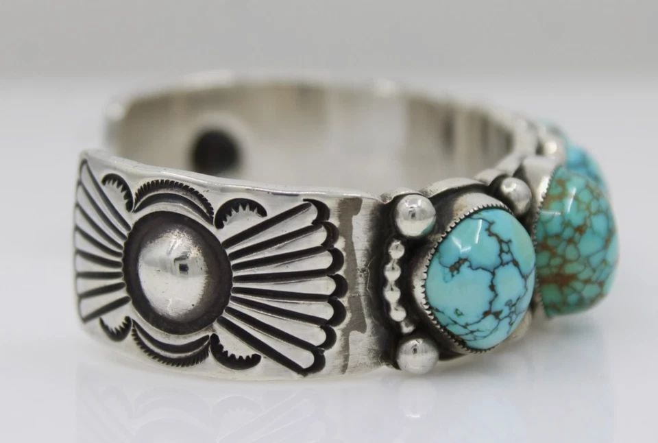 CALVIN MARTINEZ NAVAJO STERLING SILVER 5 STONE TURQUOISE ROW CUFF BRACELET 6" (1 of 1)