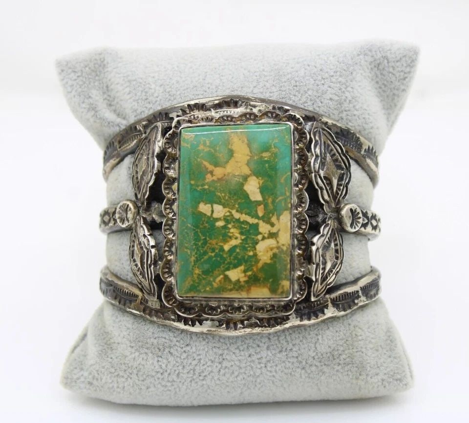 NAVAJO TJ TOMMY JACKSON STERLING SILVER GREEN TURQUOISE CUFF BRACELET 7" ~128.3G (1 of 1)