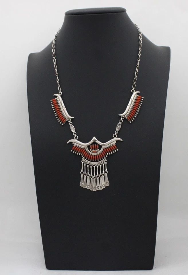 ZUNI NORBERT HASKIE STERLING SILVER RED CORAL NEEDLE POINT NECKLACE 17" (1 of 1)