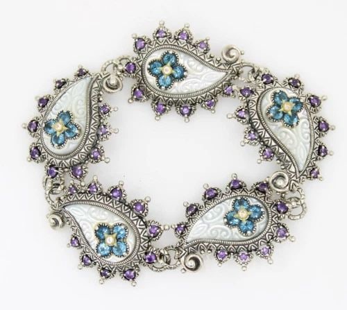 BARBARA BIXBY STERLING & 18K BLUE TOPAZ, AMETHYST, & MOP PAISLEY BRACELET 7" (1 of 2)