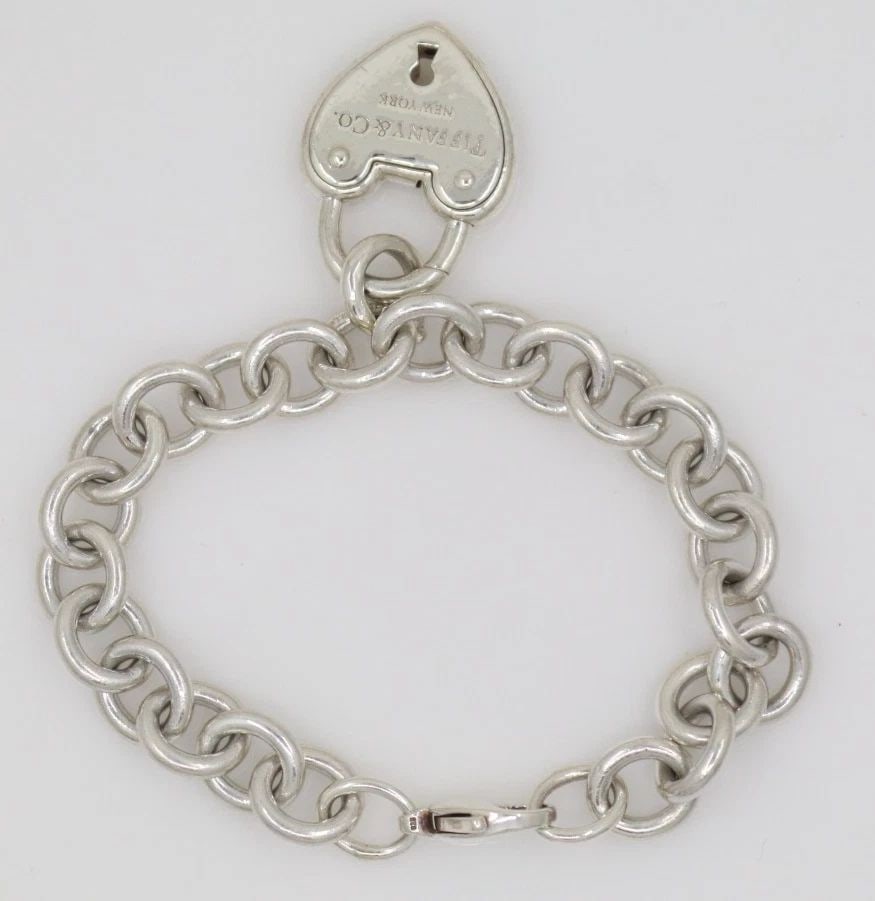 TIFFANY & CO. STERLING SILVER HEART PADLOCK CHAIN BRACELET 6.5" - 39.1 GRAMS (1 of 1)
