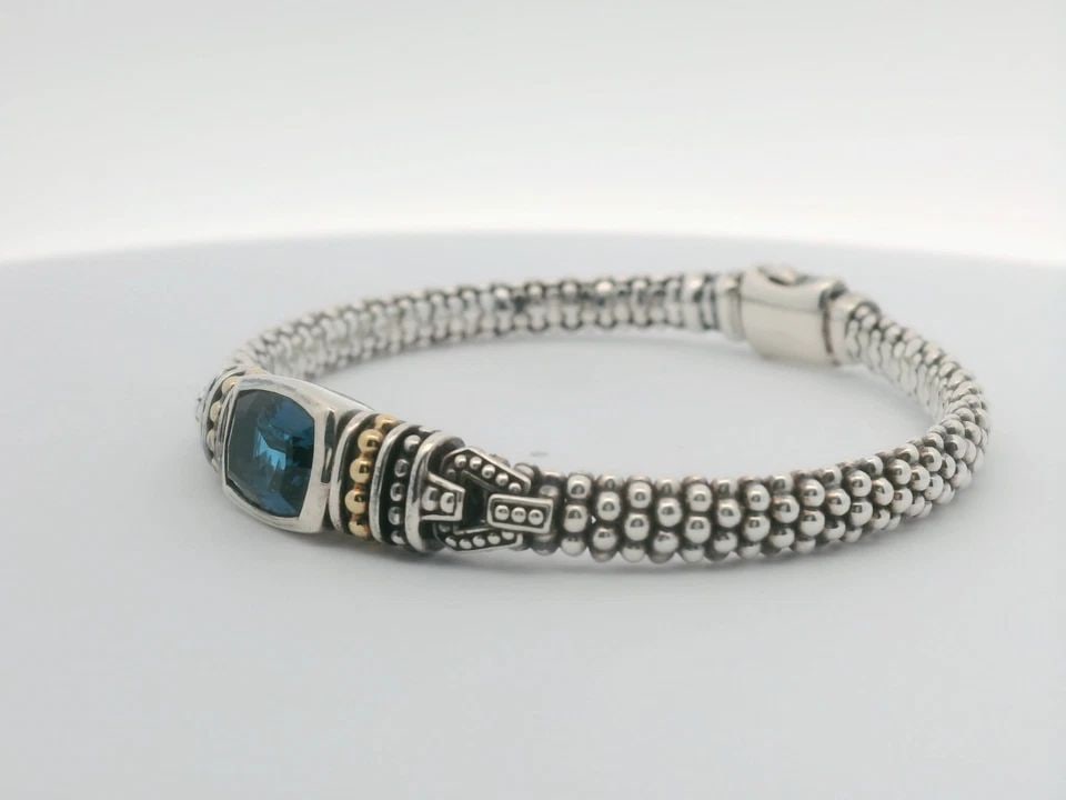 LAGOS STERLING SILVER & 18K GOLD 6MM BLUE TOPAZ CAVIAR ROPE BRACELET MEDIUM (1 of 1)
