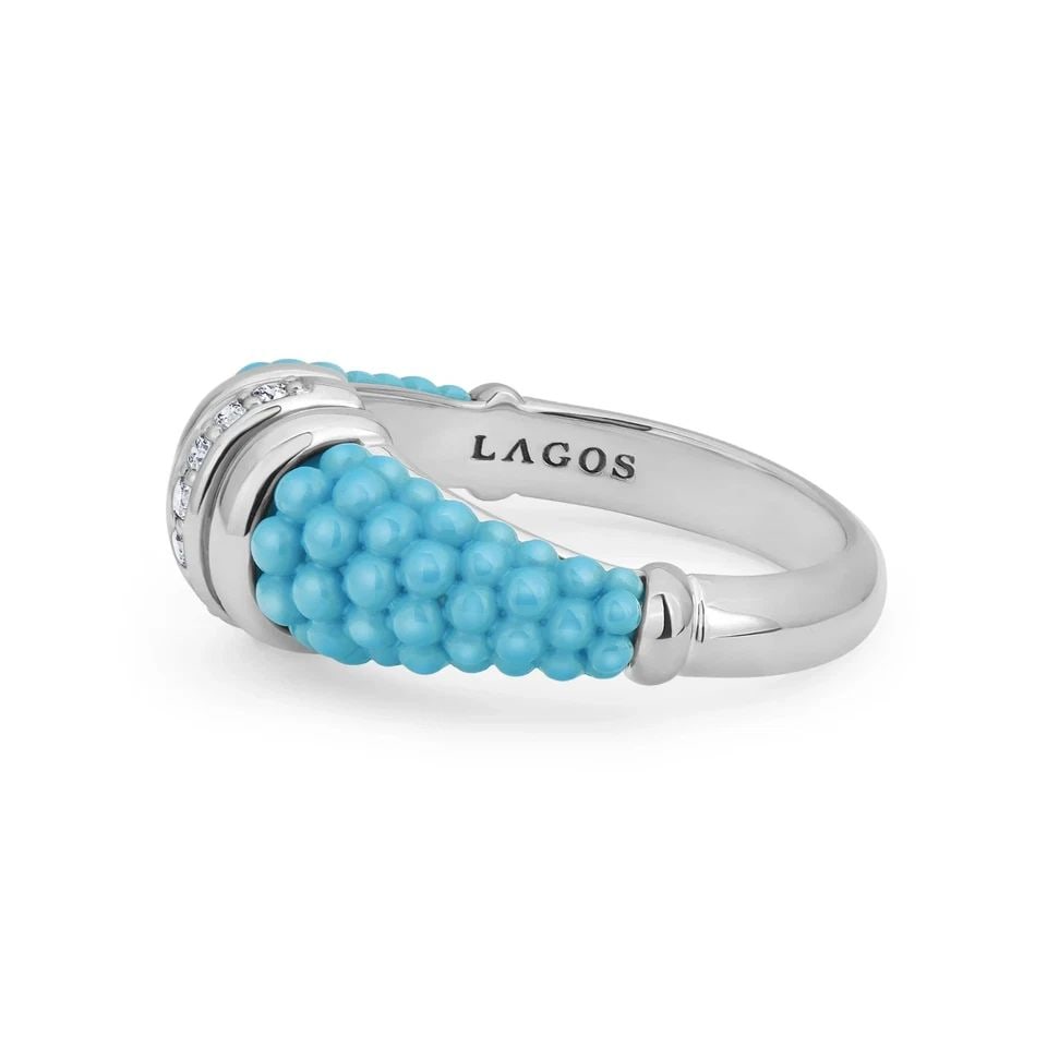 LAGOS STERLING SILVER TURQUOISE CAVIAR CERAMIC & DIAMOND RING SIZE 9: LAGOS STERLING SILVER TURQUOISE CAVIAR CERAMIC & DIAMOND RING SIZE 9 Description LAGOS Sterling Silver Turquoise Caviar Ceramic & Diamond Ring Item is in good condition. May show signs of wear and/or 
