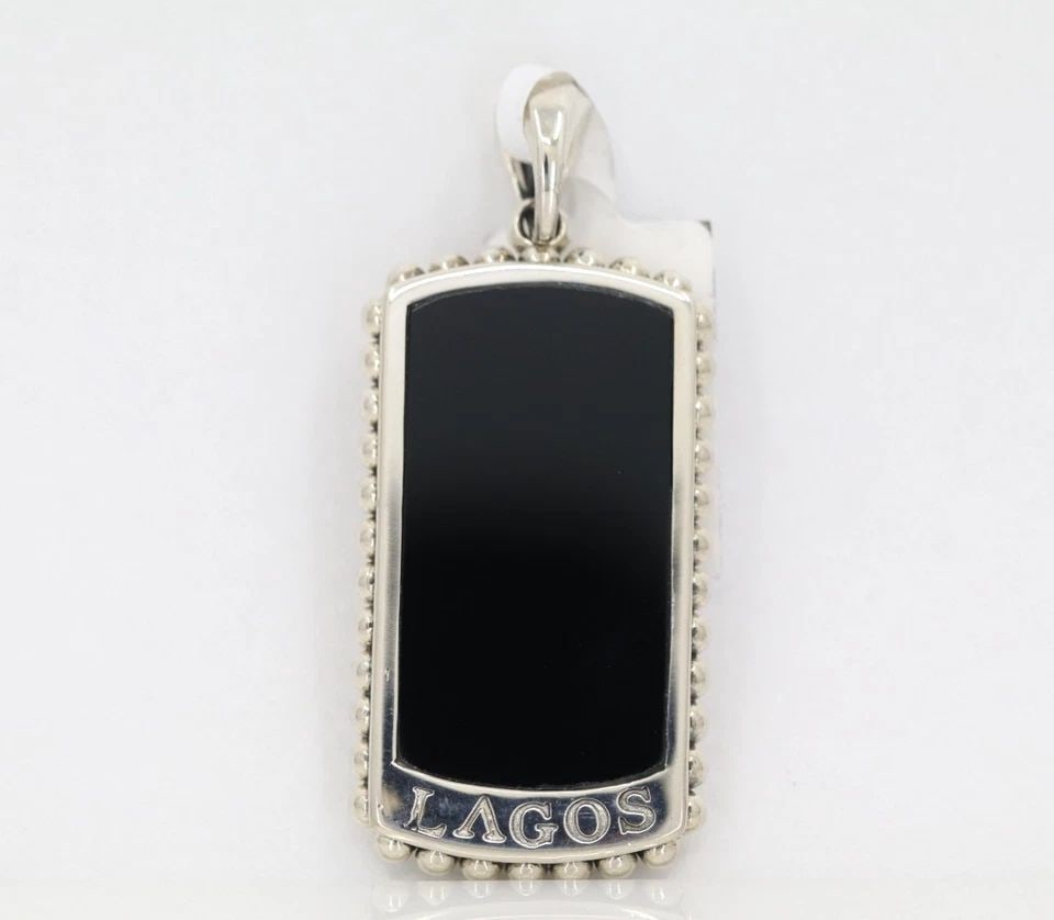 LAGOS STERLING SILVER ANTHEM BLACK AGATE & KRUNCH DOG TAG AMULET PENDANT (1 of 1)