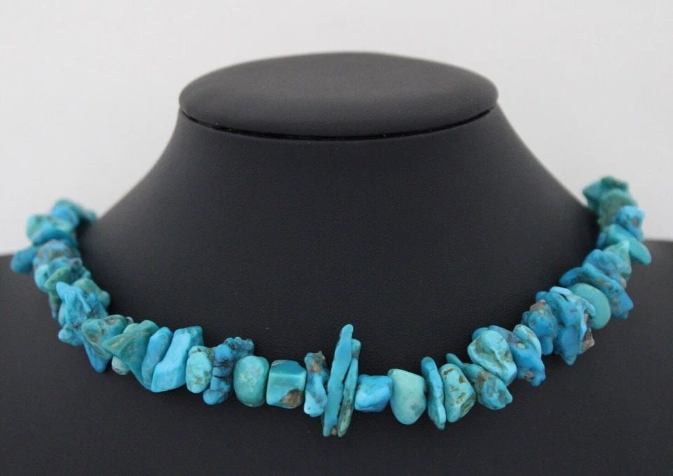 VTG NATIVE AMERICAN STERLING SILVER NATURAL TURQUOISE NUGGET BEAD 28" NECKLACE (1 of 1)