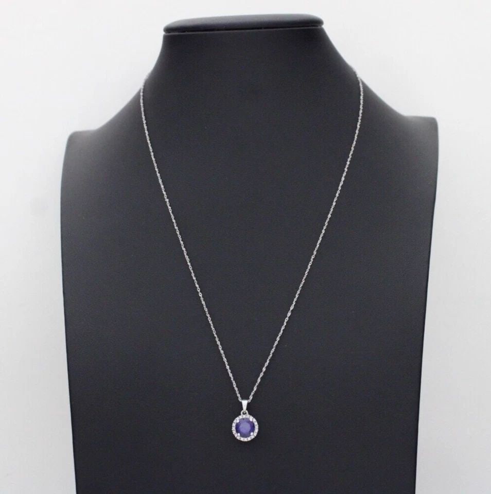 10K WHITE GOLD BLUE SAPPHIRE & HALO DIAMONDS 15MM PENDANT W/ 18" NECKLACE (1 of 1)