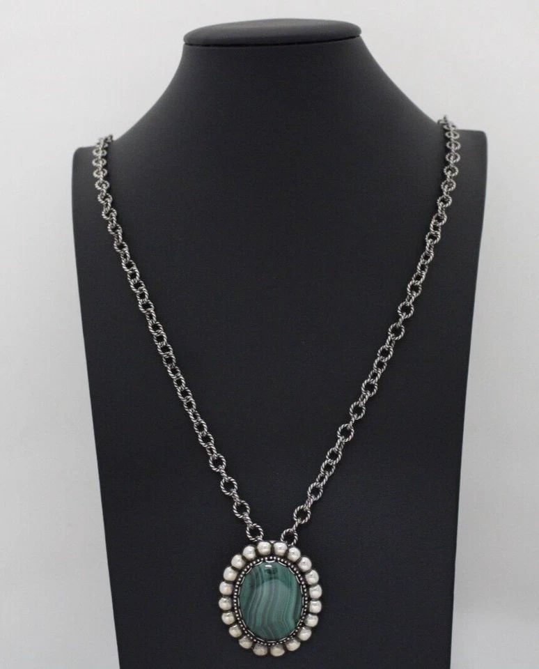 CAROLYN POLLACK STERLING SILVER GREEN MALACHITE OVAL PENDANT W/ 60" NECKLACE (1 of 1)