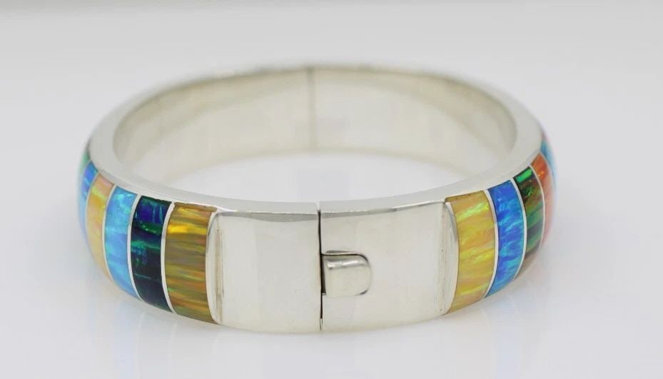 STERLING SILVER 950 MULTI INLAY GEMSTONE HINGED BANGLE BRACELET 6" - 46.9 G (1 of 1)