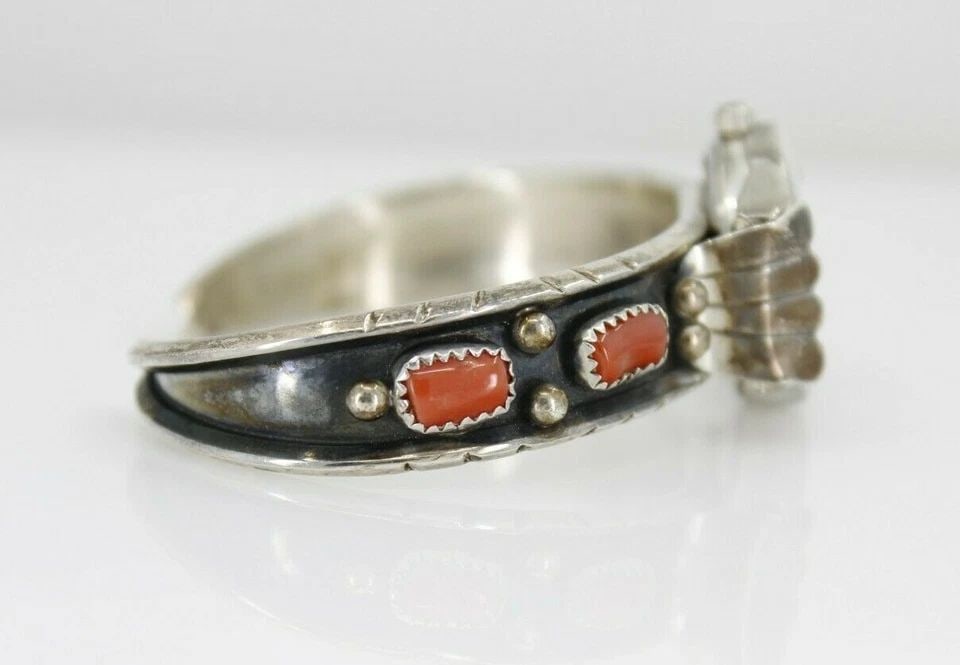 R CHARLEY NATIVE AMERICAN RED CORAL STERLING SILVER CUFF WATCH BRACELET 6.5" (1 of 1)
