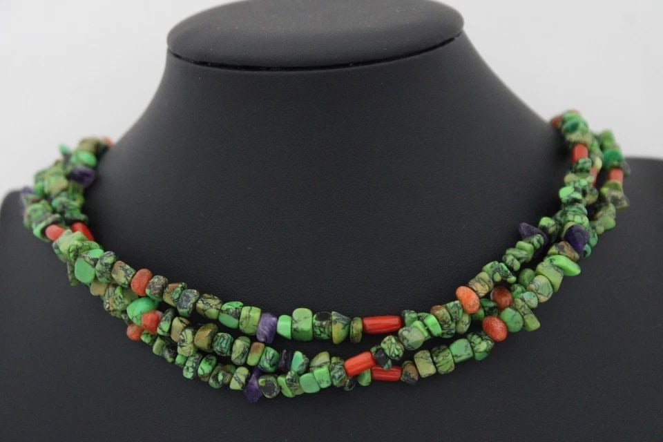 RUNNING BEAR RB TRADING CO. STERLING TRIPLE STRAND TURQUOISE NUGGET NECKLACE (1 of 1)