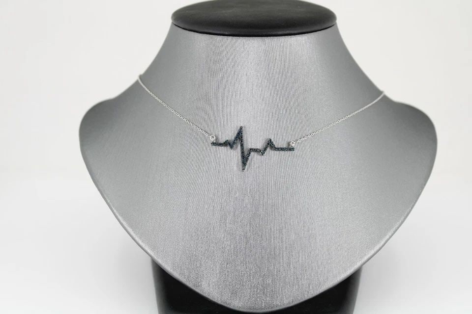 STERLING SILVER 0.33 TCW BLUE DIAMOND HEARTBEAT PENDANT NECKLACE, 3.3 GRAMS (1 of 1)