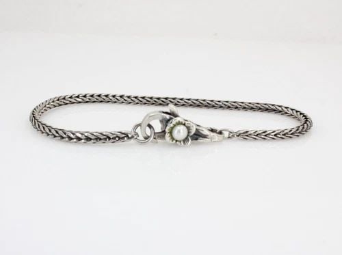 TROLLBEAD STERLING SILVER FOXTAIL WHEAT CHARM 8" BRACELET W/ FLOWER PEARL LOCK (1 of 2)