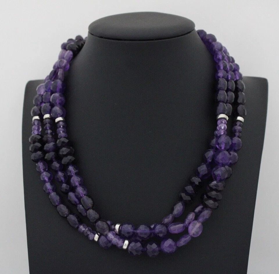 JAY KING STERLING SILVER 3 STRAND 9.6MM PURPLE AMETHYST BEADED 21" NECKLACE (1 of 1)