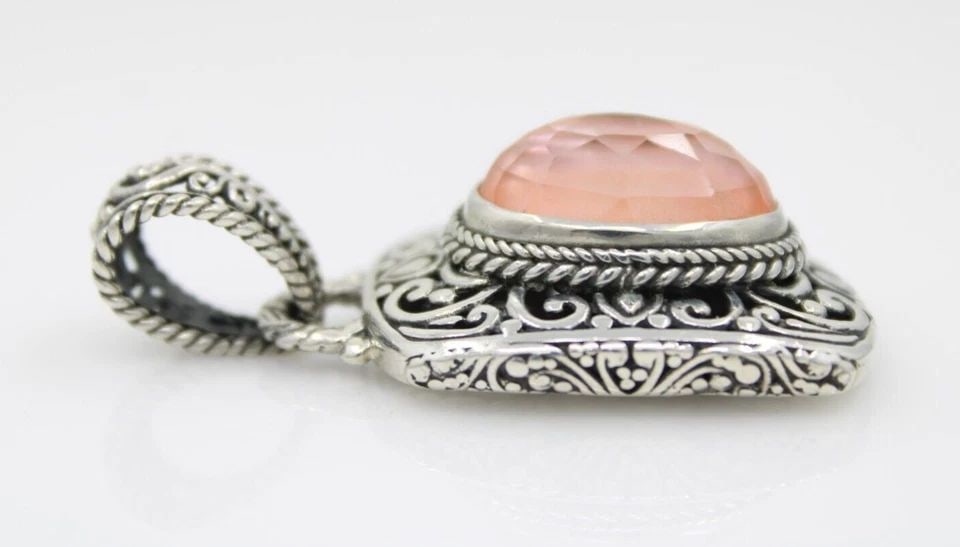 SARDA STERLING SILVER BALI FILIGREE STYLE ROSE QUARTZ RECTANGLE PENDANT ~ 2" (1 of 1)