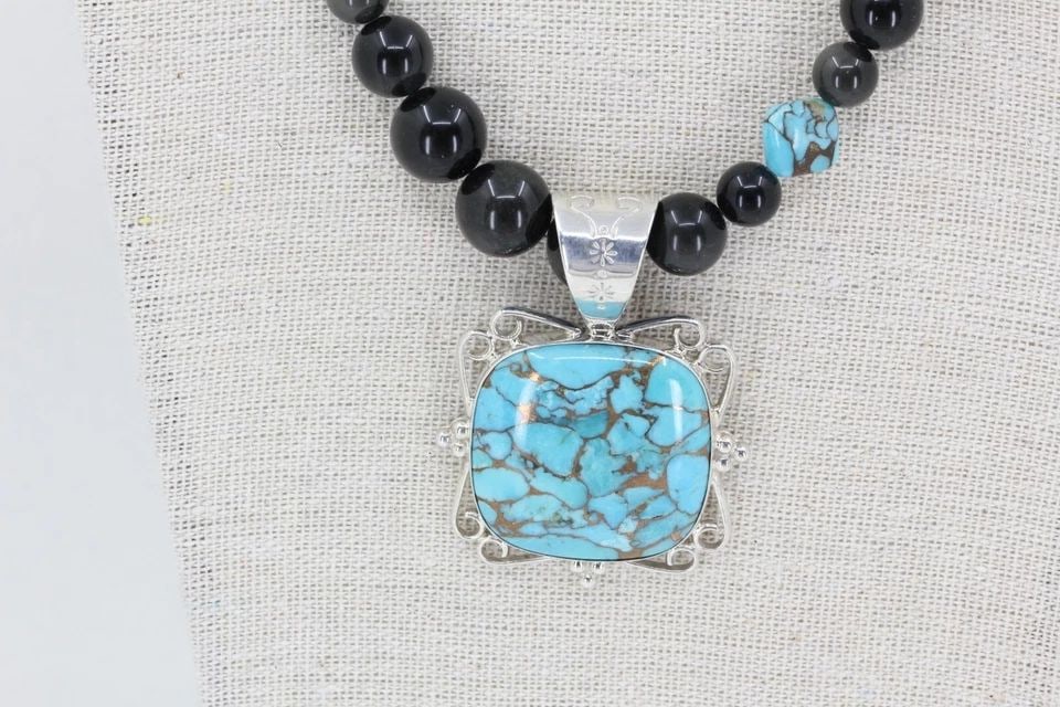 JAY KING DTR STERLING BLACK ONYX & TURQUOISE BEADED 20" NECKLACE W/ PENDANT (1 of 1)