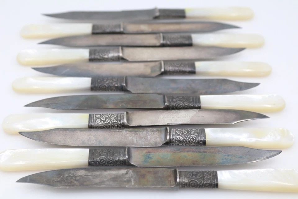 ANTIQUE MERMOD & JACCARD MOTHER OF PEARL & STERLING HANDLE KNIVES SET OF 11 (1 of 1)