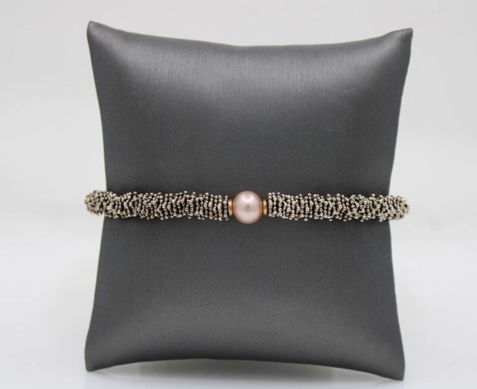 MICHAEL DAWKINS STERLING SLIVER 925 & 14K GOLD PINK PEARL GRANULATED BRACELET 7" (1 of 1)
