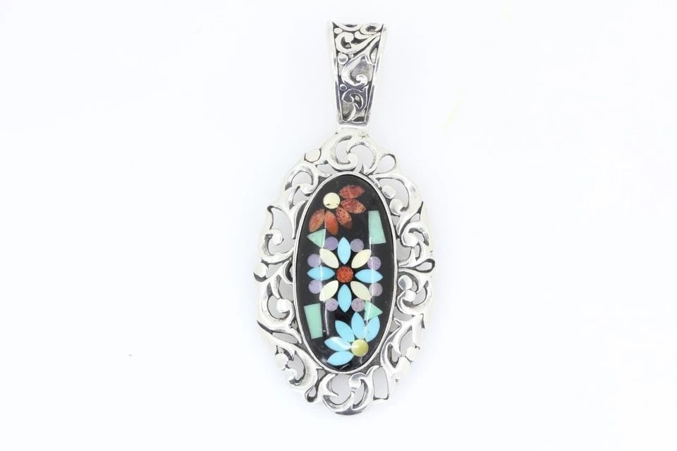CAROLYN POLLACK STERLING SOUTHWEST FLOWER TURQUOISE & STONE INLAY 2.5" PENDANT (1 of 1)