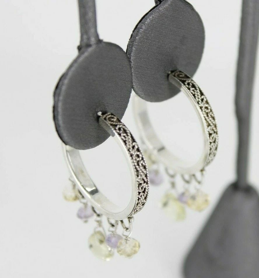 LORI BONN DESIGN STERLING SILVER HOOPS W/ BRIOLETTE CUT GEMSTONE EARRINGS (1 of 1)