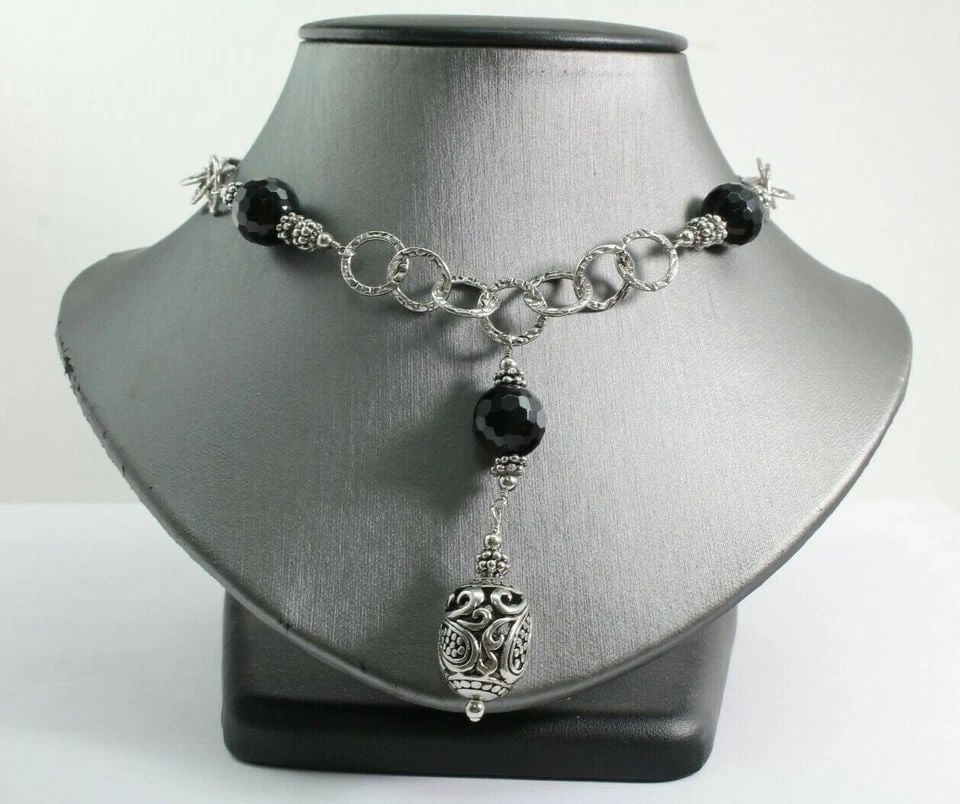 STERLING SILVER W/ BLACK BEADS 18" NECKLACE & PIERCED 1.5" DROP EARRING SET (1 of 1)