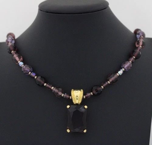 JOAN RIVERS PURPLE GLASS BEADS 35" NECKLACE AURORA BOREALIS EMERALD CUT PENDANT (1 of 1)