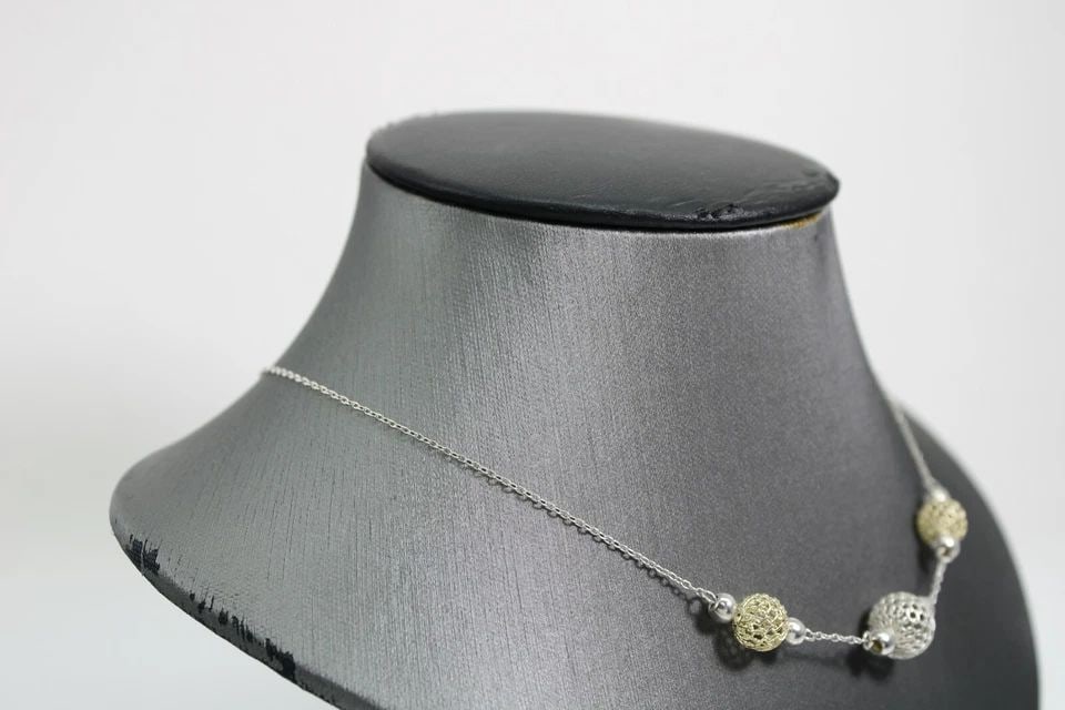 TWO TONE STERLING SILVER ITALY 3 OPEN BEAD 18 INCH NECKLACE (1 of 1)