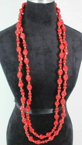 TRIFARI SET OF 2 RED/ GOLD DOUBLE 24" & PINK/ GOLD PEARL NECKLACE 18" (1 of 2)