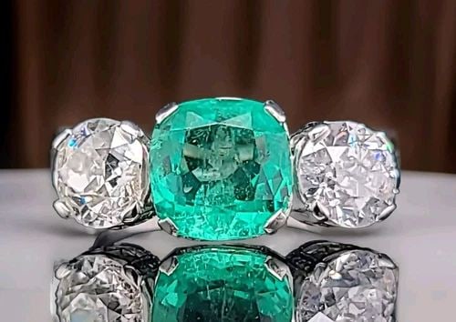 VINTAGE PLATINUM ENGAGEMENT RING 6.37CT. NATURAL COLOMBIA EMERALD OLD EURO DIA (1 of 2)