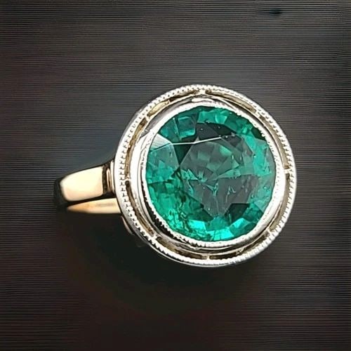 VINTAGE 1930S 14K WHITE & YELLOW GOLD NATURAL EMERALD ENGAGEMENT RING – 4.32 CT: VINTAGE 14K GOLD ENGAGEMENT RING 4.32CT. NATURAL GREEN EMERALD ROUND CUT 1930'S VINTAGE 14k white & yellow gold natural green emerald engagement ring circ 1930's GIA cert laboratory Center set natural