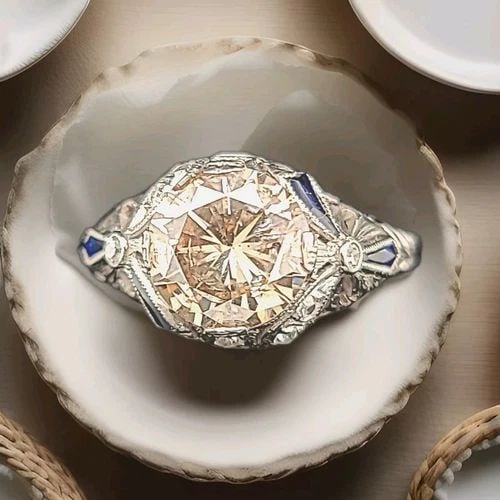 18K WHITE GOLD VINTAGE FILIGREE ENGAGEMENT RING 2.65CT ROUND CHAMPAGNE DIAMOND: 18K WHITE GOLD VINTAGE FILIGREE ENGAGEMENT RING 2.65CT ROUND CHAMPAGNE DIAMOND Gorgeous Vintage art deco filigree 18k white gold Engagement ring ROUND CUT champagne Diamond circ 1920's center natural 
