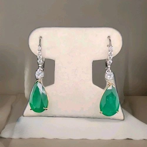 14K YELLOW GOLD NATURAL GREEN EMERALD DROP EARRINGS 11.92CT PEAR SHAPE DIAMOND (1 of 2)