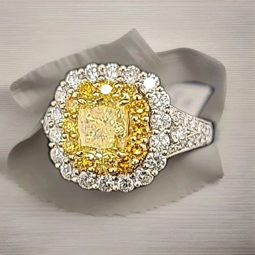 PLATINUM 18K YELLOW RING NATURAL FANCY YELLOW CUSHION DIAMOND 1.31CT GIA CERT (1 of 2)