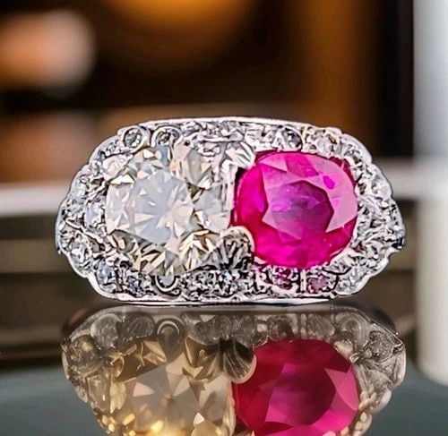 VINTAGE FILIGREE PLATINUM RING 3.32CT. NATURAL DIAMOND BURMA RUBY GIA CERT 1930' (1 of 2)