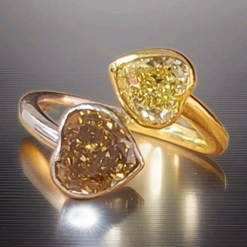 14K TWO-TONE GOLD 3.22CT.NATURAL YELLOW CHAMPAGNE HEART DIAMOND TOI ET MOI RING (1 of 2)