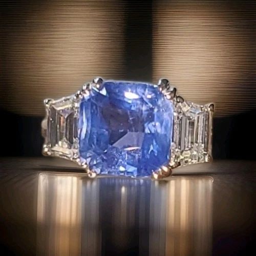 VINTAGE PLATINUM ENGAGEMENT RING 5.22CT.NATURAL UNTREATED BLUE SAPPHIRE CUSHION (1 of 2)
