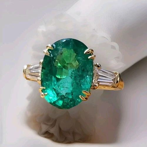 14K YELLOW GOLD ENGAGEMENT RING 5.11CT.NATURAL GREEN EMERALD OVAL SHAPE GIA CERT (1 of 2)