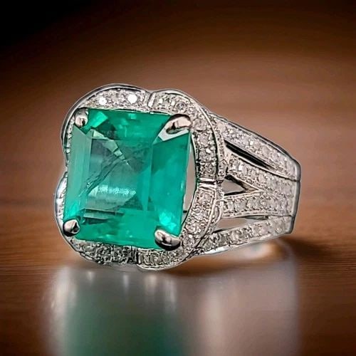 14K WHITE GOLD VINTAGE STATEMENT RING 5.29CT. NATURAL GREEN EMERALD GIA CERT (1 of 2)