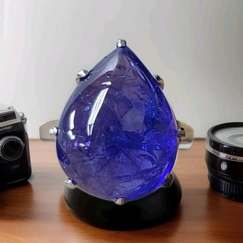 VINTAGE PLATINUM ENGAGEMENT RING 22.02CT.NATURAL TANZANITE PEAR CABOCHON SHAPE: VINTAGE PLATINUM ENGAGEMENT RING 22.02CT.NATURAL TANZANITE PEAR CABOCHON SHAPE This Vintage Platinum Engagement Ring features a stunning natural Tanzanite pear cabochon stone with a total weight of 22