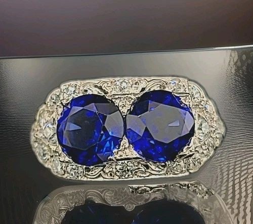 3.83CT. VINTAGE 14K WHITE GOLD RING ROUND BLUE SAPPHIRE DIAMOND CIRC 1940'S (1 of 2)