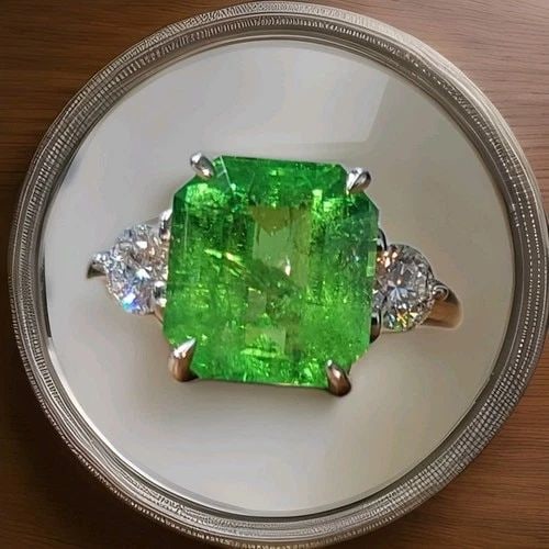 VINTAGE 14K WHITE GOLD ENGAGEMENT RING 6.50CT. NATURAL GREEN TSAVORITE: VINTAGE 14K WHITE GOLD ENGAGEMENT RING 6.50CT. NATURAL GREEN TSAVORITE This vintage 14k white gold ring boasts a stunning 6.50ct. natural green tsavorite garnet size 11x10mm as its centerpiece, accent