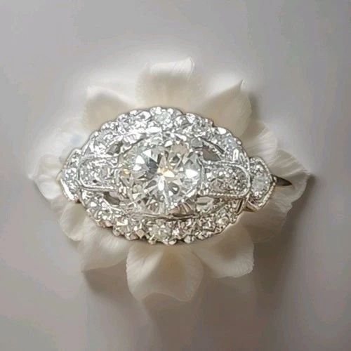 VINTAGE ART DECO PLATINUM ENGAGEMENT RING 0.85CT NATURAL ROUND DIAMOND 1930'S: VINTAGE 1.04CT SI2-H ROUND OLD EURO CUT DIAMOND PLATINUM ENGAGEMENT RING Antique Art Deco old euro cut Diamond Platinum engagement ring circ 1930's center natural old euro cut round diamond weight 1.0