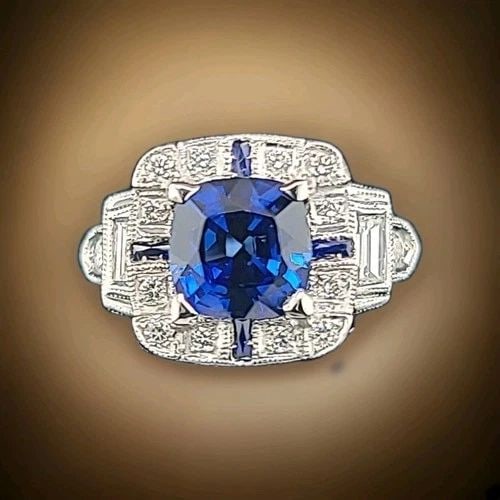 VINTAGE FILIGREE 18K WHITE GOLD RING 3.05CT. LAB-GROWN BLUE SAPPHIRE CUSHION CUT: VINTAGE FILIGREE 18K WHITE GOLD RING 3.05CT. NATURAL BLUE SAPPHIRE CUSHION CUT Gorgeous Vintage art deco filigree 18k white gold ring natural blue sapphire in cushion shape circ 1930's center natural 