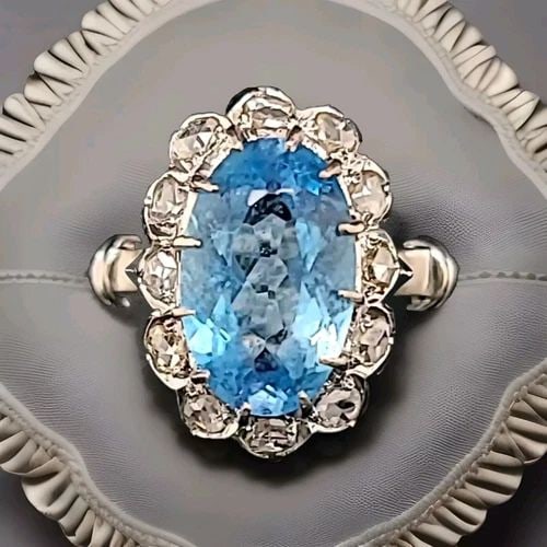 VINTAGE 14K WHITE GOLD ENGAGEMENT RING 4.75CT.NATURAL AQUAMARINE OVAL CUT 1920'S (1 of 2)