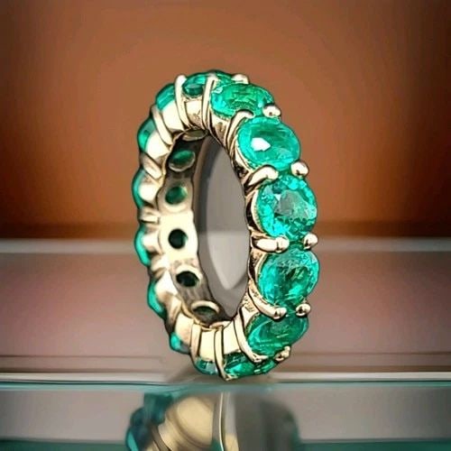 14K YELLOW GOLD ETERNITY RING WEDDING BAND 6.72CT.LAB GROWN GREEN EMERALD ROUND (1 of 2)