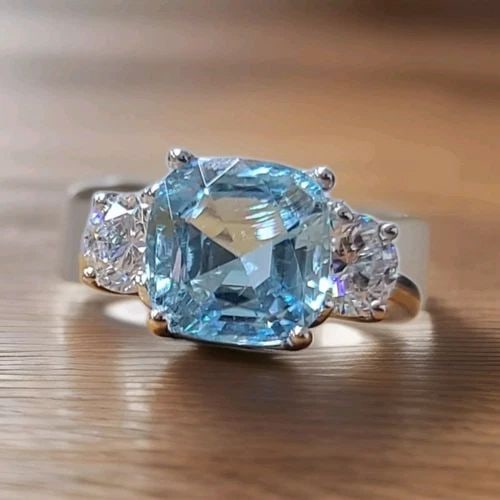 14K WHITE GOLD ENGAGEMENT RING 3.10CT.NATURAL SKY BLUE AQUAMARINE CUSHION SHAPE (1 of 2)