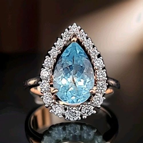 14K ROSE GOLD ENGAGEMENT RING 2.18 CT NATURAL SKY BLUE AQUAMARINE PEAR SHAPE: 14K ROSE GOLD ENGAGEMENT RING 2.18.CT. NATURAL SKY BLUE AQUAMARINE PEAR SHAPE STUNNING 14K ROSE GOLD ENGAGEMENT RING. NATURAL GEM SKY BLUE AQUAMARINE IN PEAR SHAPE CENTER 2.18CARAT NATURAL AQUAMARINE 