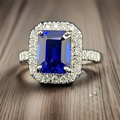 14K WHITE GOLD ENGAGEMENT RING 5.16CT.LAB GROWN BLUE SAPPHIRE EMERALD CUT (1 of 2)