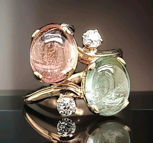 VINTAGE 14K YELLOW GOLD RING 5.12CT NATURAL CABOCHON PINK GREEN TOURMALINE (1 of 2)
